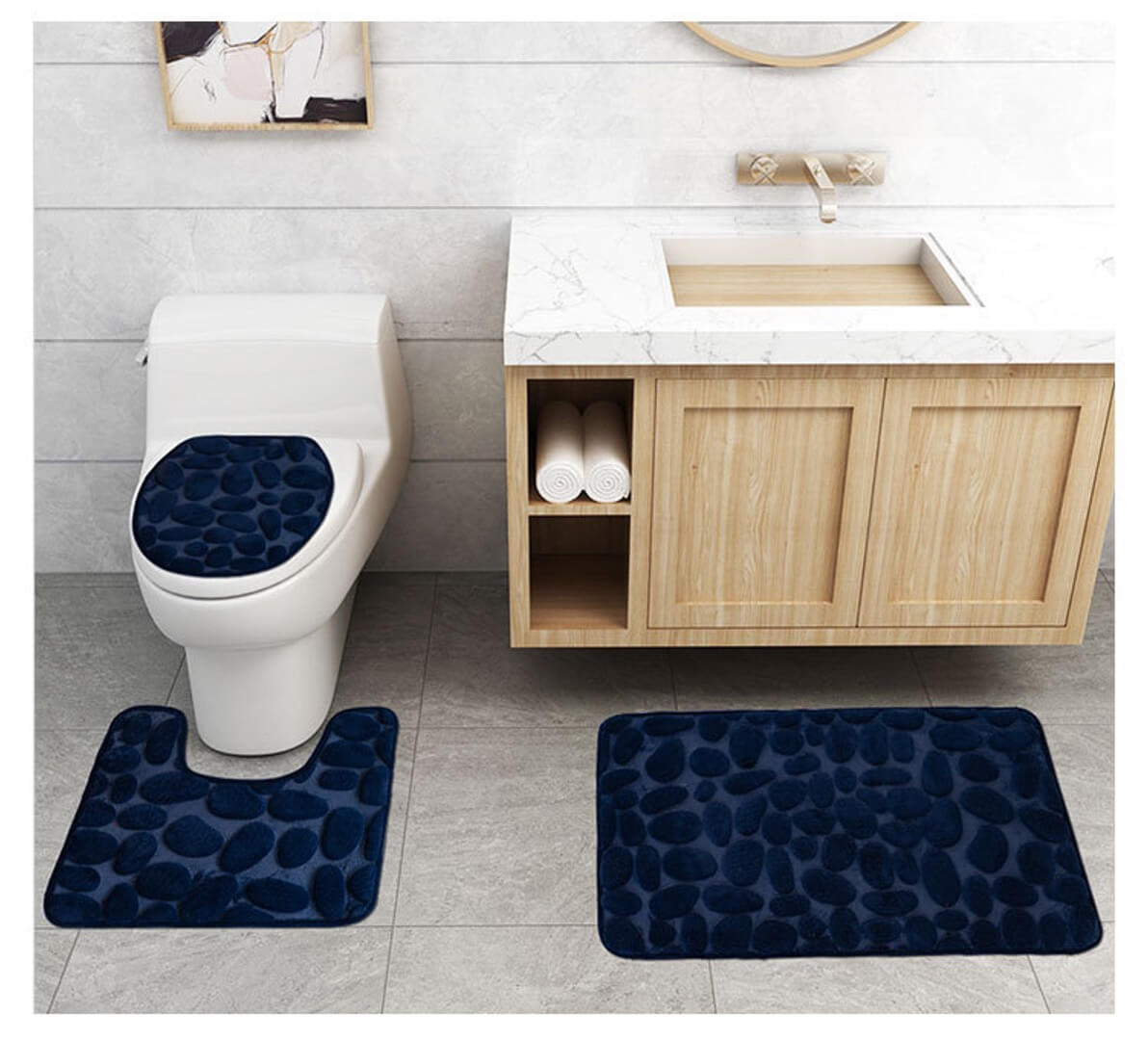 Tapis de bain antidérapants mémoire de forme galets - Set 3 pièces